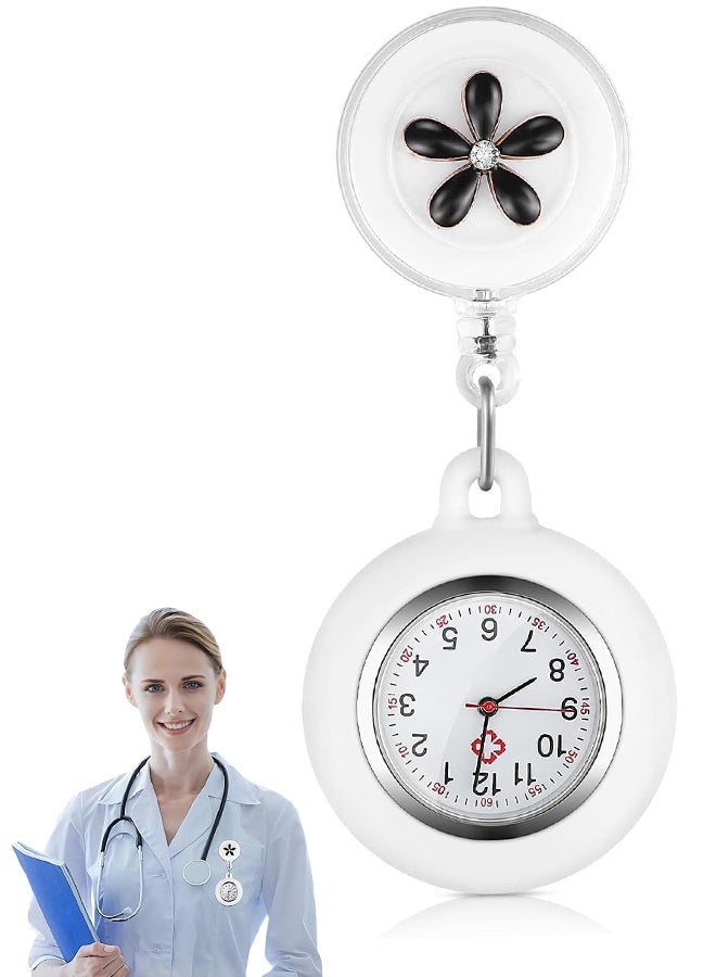 Retractable Nurse Watches Clip-on Hanging Fob Portable Pocket Watch with Cute Flower Pattern Lapel Watches for Nurses Doctors with Silicone Cover - Image 1
